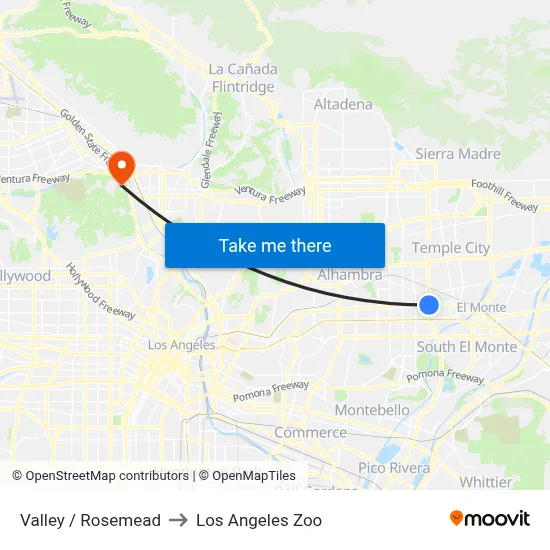 Valley / Rosemead to Los Angeles Zoo map