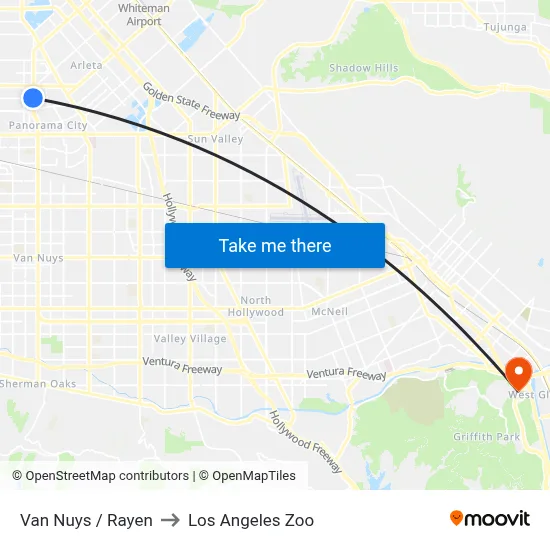 Van Nuys / Rayen to Los Angeles Zoo map