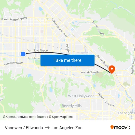 Vanowen / Etiwanda to Los Angeles Zoo map