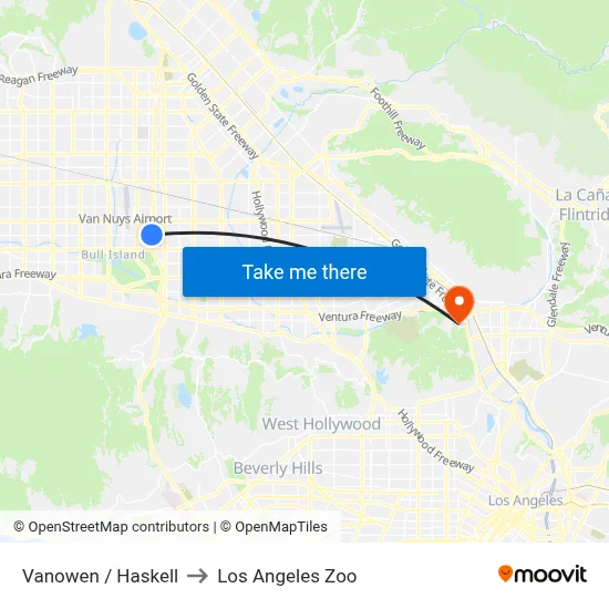Vanowen / Haskell to Los Angeles Zoo map