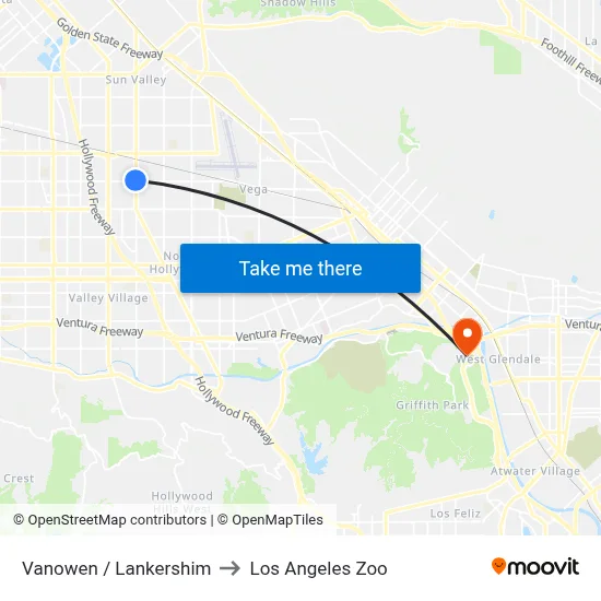 Vanowen / Lankershim to Los Angeles Zoo map