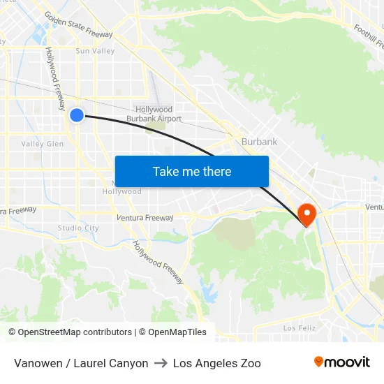 Vanowen / Laurel Canyon to Los Angeles Zoo map