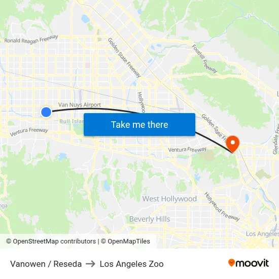 Vanowen / Reseda to Los Angeles Zoo map