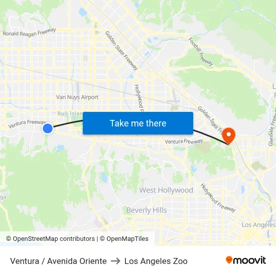 Ventura / Avenida Oriente to Los Angeles Zoo map