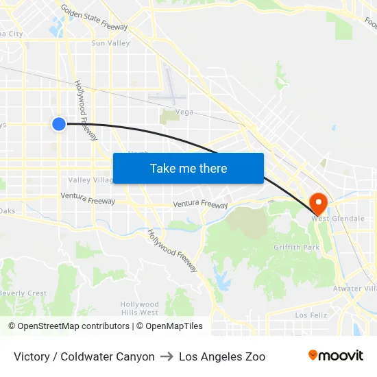 Victory / Coldwater Canyon to Los Angeles Zoo map