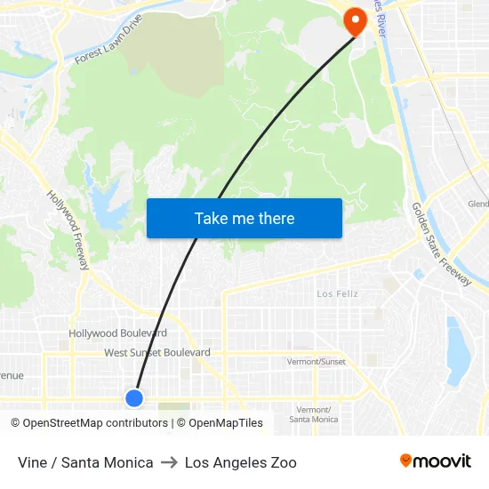 Vine / Santa Monica to Los Angeles Zoo map