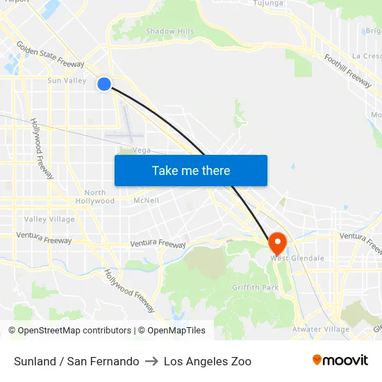 Sunland / San Fernando to Los Angeles Zoo map
