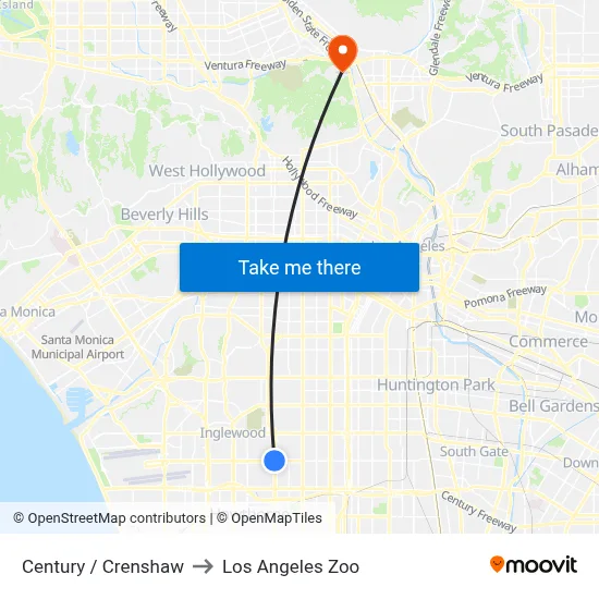 Century / Crenshaw to Los Angeles Zoo map