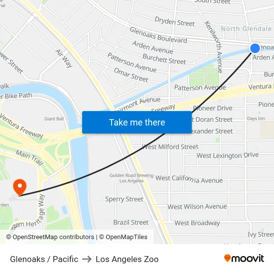 Glenoaks / Pacific to Los Angeles Zoo map