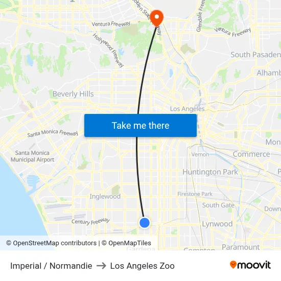 Imperial / Normandie to Los Angeles Zoo map