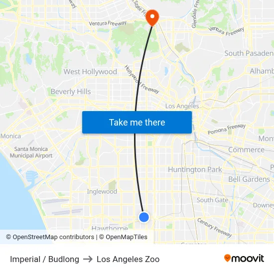 Imperial / Budlong to Los Angeles Zoo map