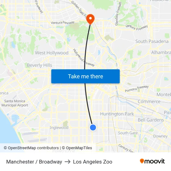 Manchester / Broadway to Los Angeles Zoo map