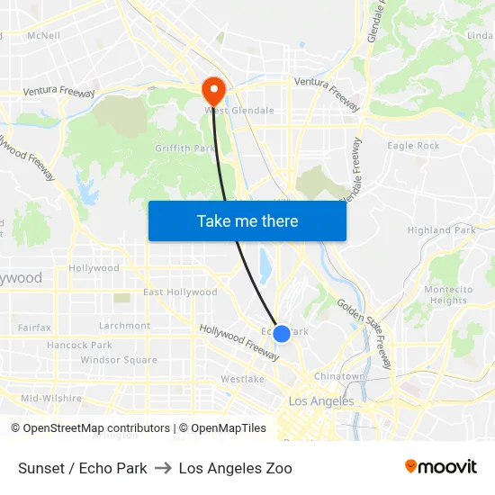Sunset / Echo Park to Los Angeles Zoo map