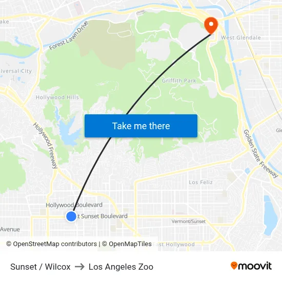 Sunset / Wilcox to Los Angeles Zoo map