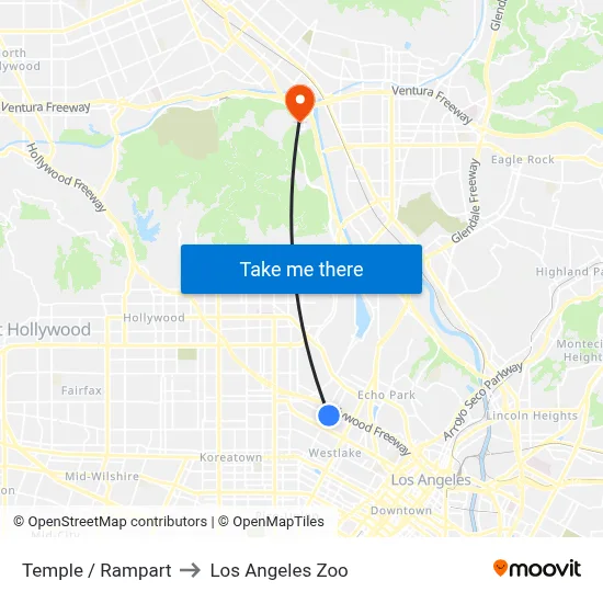 Temple / Rampart to Los Angeles Zoo map