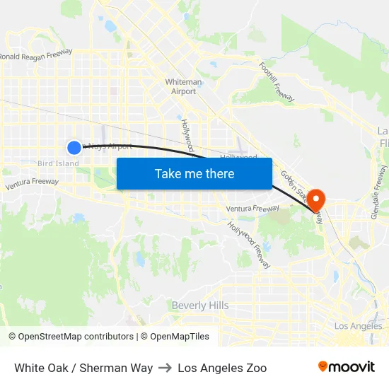 White Oak / Sherman Way to Los Angeles Zoo map