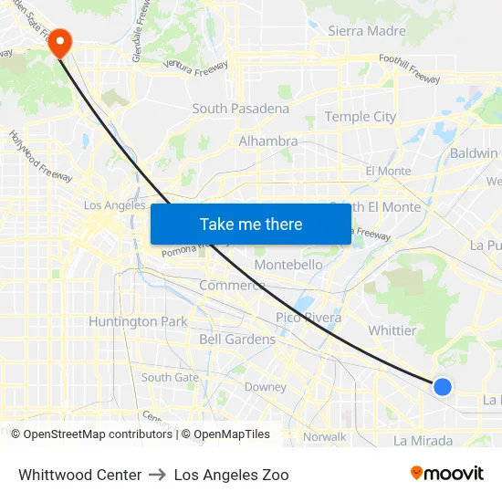 Whittwood Center to Los Angeles Zoo map