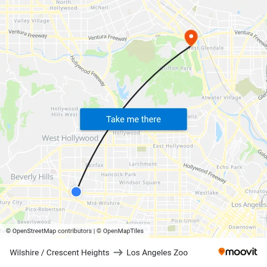 Wilshire / Crescent Heights to Los Angeles Zoo map