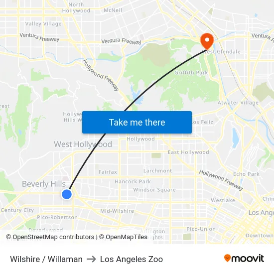 Wilshire / Willaman to Los Angeles Zoo map