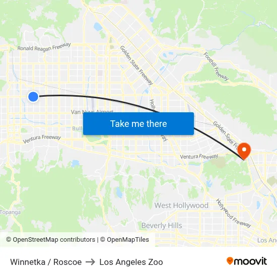 Winnetka / Roscoe to Los Angeles Zoo map