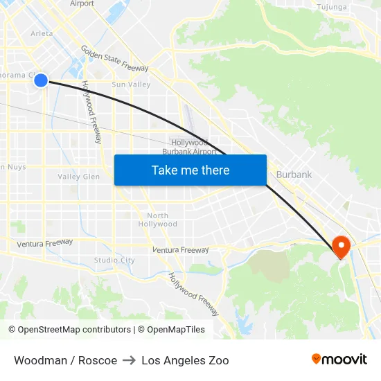 Woodman / Roscoe to Los Angeles Zoo map