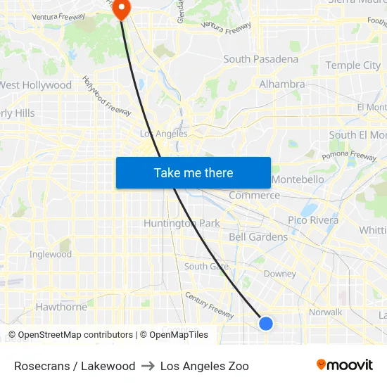 Rosecrans / Lakewood to Los Angeles Zoo map