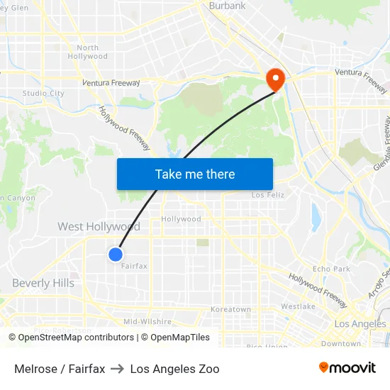Melrose / Fairfax to Los Angeles Zoo map