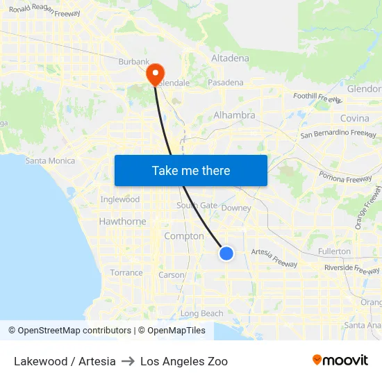 Lakewood / Artesia to Los Angeles Zoo map