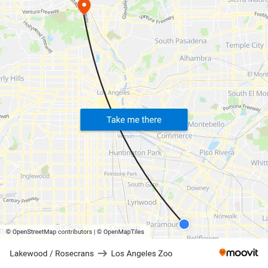 Lakewood / Rosecrans to Los Angeles Zoo map