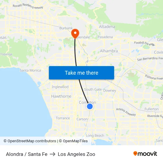 Alondra / Santa Fe to Los Angeles Zoo map