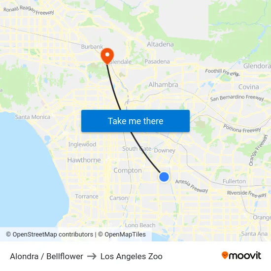 Alondra / Bellflower to Los Angeles Zoo map