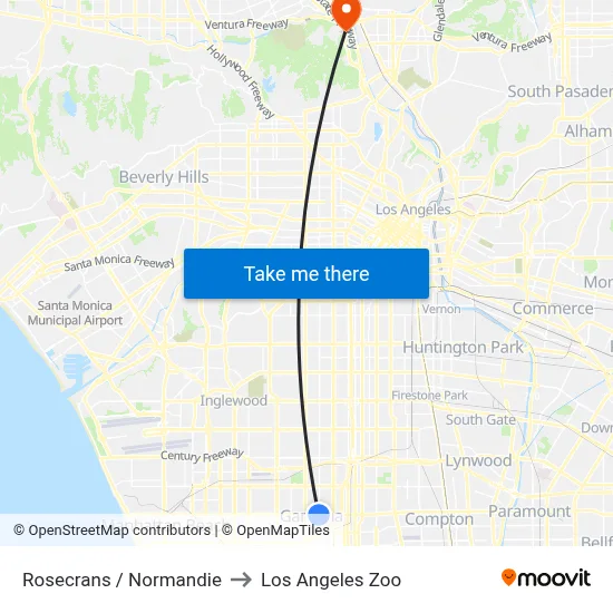 Rosecrans / Normandie to Los Angeles Zoo map