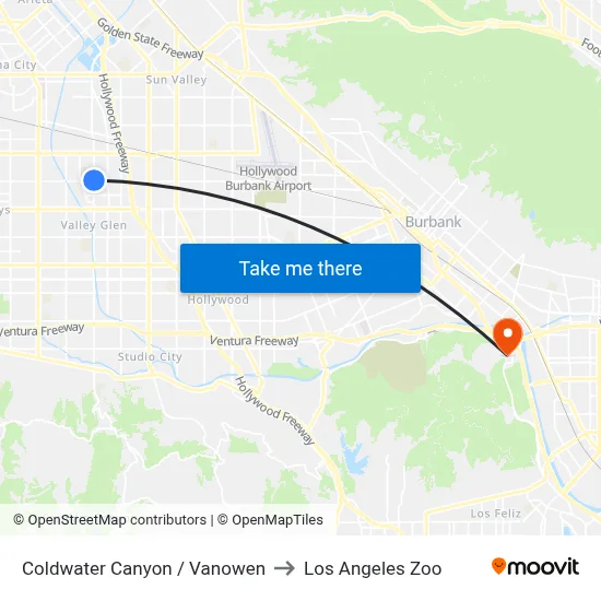 Coldwater Canyon / Vanowen to Los Angeles Zoo map