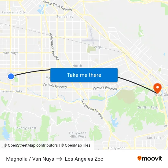 Magnolia / Van Nuys to Los Angeles Zoo map