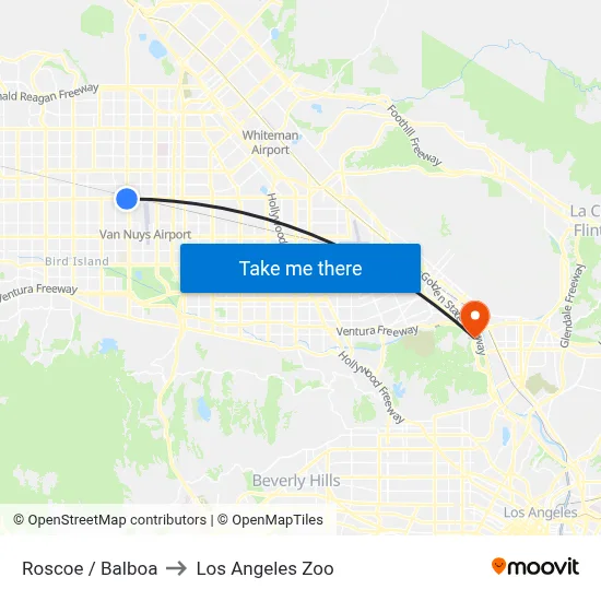 Roscoe / Balboa to Los Angeles Zoo map