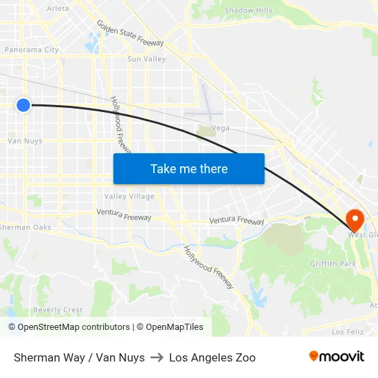Sherman Way / Van Nuys to Los Angeles Zoo map