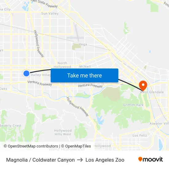 Magnolia / Coldwater Canyon to Los Angeles Zoo map