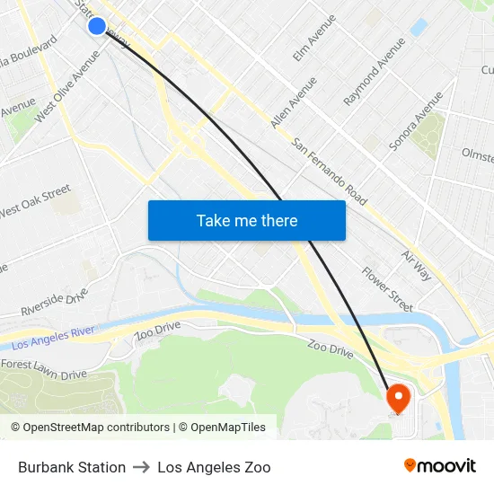 Burbank Station to Los Angeles Zoo map