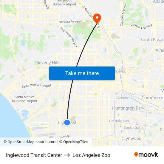 Inglewood Transit Center to Los Angeles Zoo map
