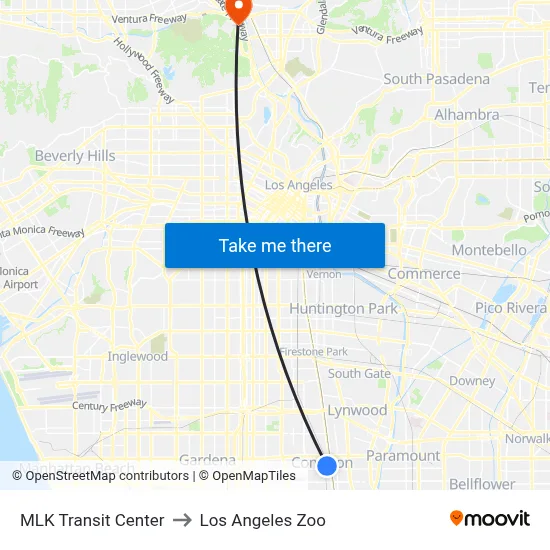 MLK Transit Center to Los Angeles Zoo map