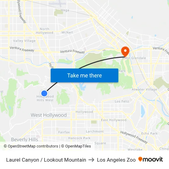 Laurel Canyon / Lookout Mountain to Los Angeles Zoo map