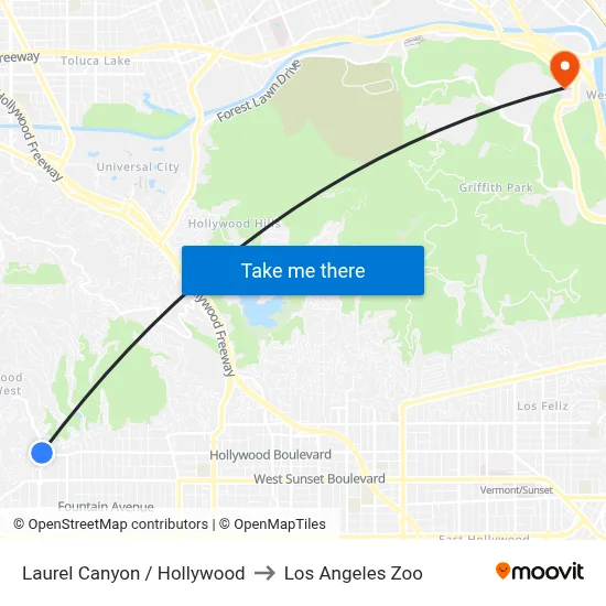 Laurel Canyon / Hollywood to Los Angeles Zoo map
