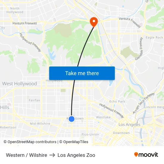 Western / Wilshire to Los Angeles Zoo map