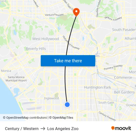 Century / Western to Los Angeles Zoo map