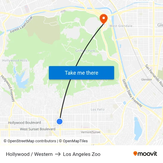 Hollywood / Western to Los Angeles Zoo map