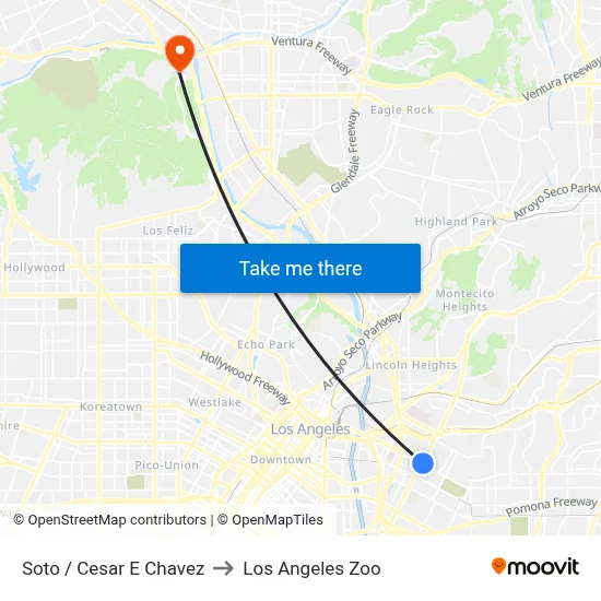 Soto / Cesar E Chavez to Los Angeles Zoo map