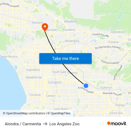 Alondra / Carmenita to Los Angeles Zoo map