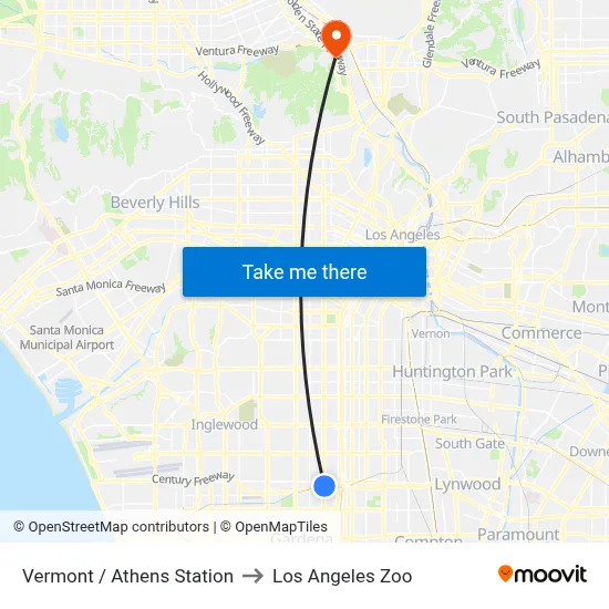 Vermont / Athens Station to Los Angeles Zoo map