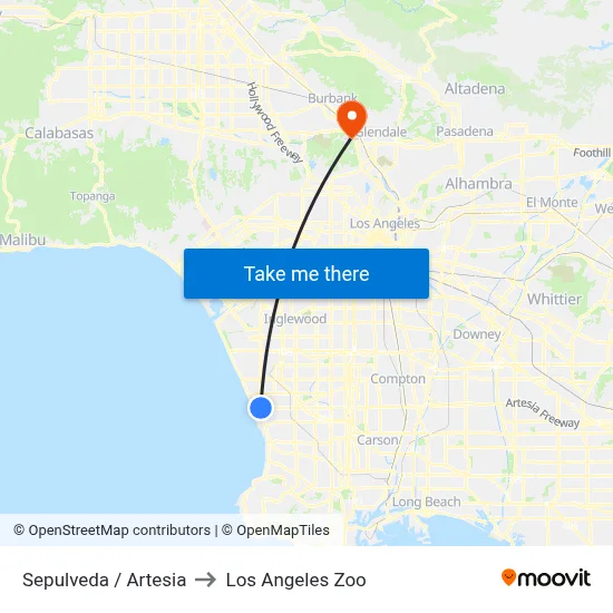 Sepulveda / Artesia to Los Angeles Zoo map