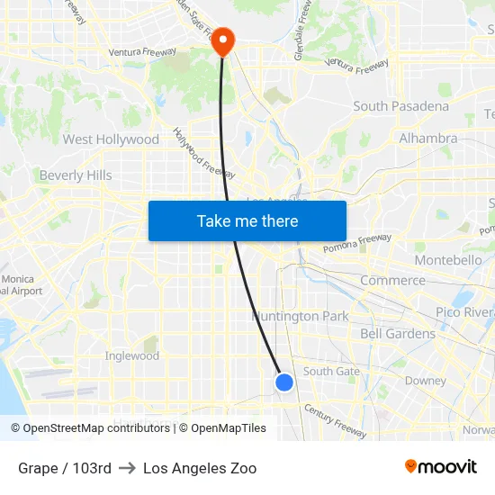 Grape / 103rd to Los Angeles Zoo map